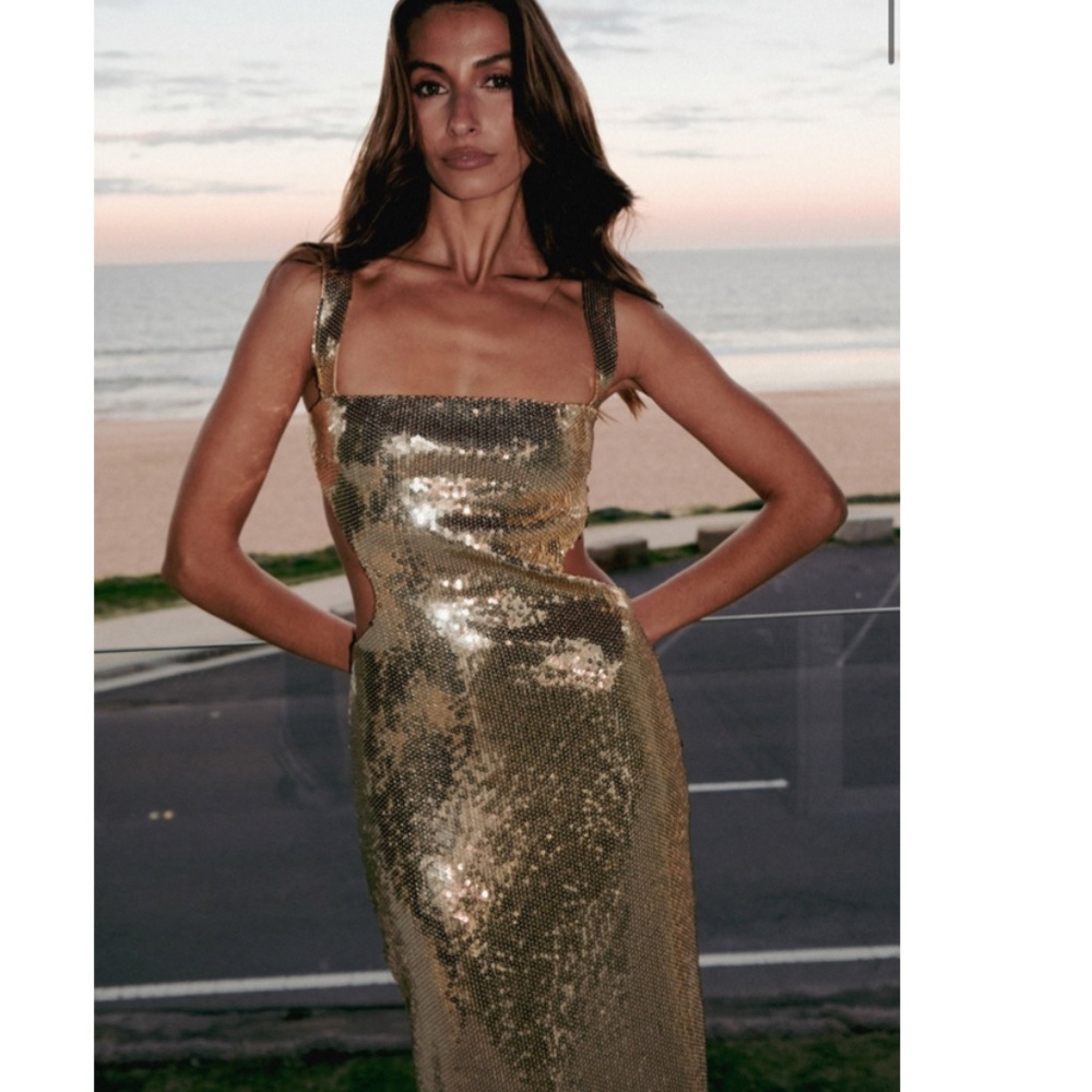 Meshki Adoria Sequin Cut Out Maxi Dress - Gold